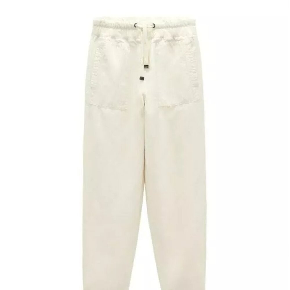 ZARA Women's Cream Linen Blend Pull-On Drawstring Ankle Length Jogging Pants XS